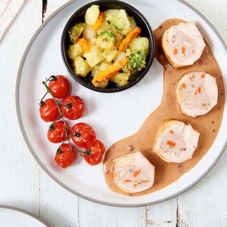 Pintade en sauce fine champagne avec une tarte crumble aux légumes